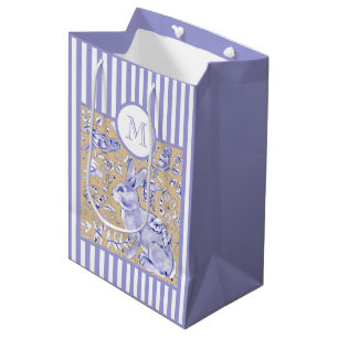 Blue White Stripe Tan Rabbit Bird Floral Monogram Medium Gift Bag