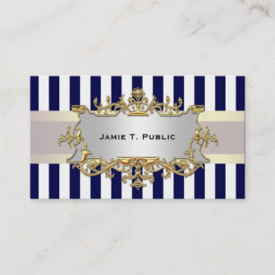 Blue White Stripe, White Ribbon, Gold Framed Label Business Card