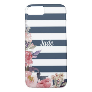 Blue & white striped flower design cell phone case
