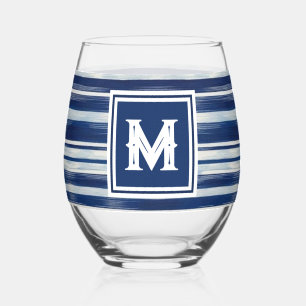 Blue & White Striped Monogram Stemless Wine Glass