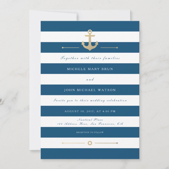 Blue White Striped Nautical Wedding Invitation (Front)