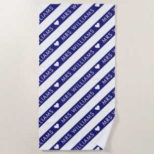 Blue & White Striped Pattern Mrs Bride Wedding Beach Towel
