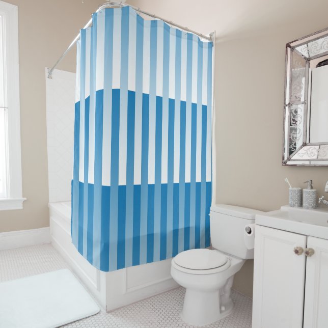 Blue White Striped Pattern Shower Curtain (In Situ)