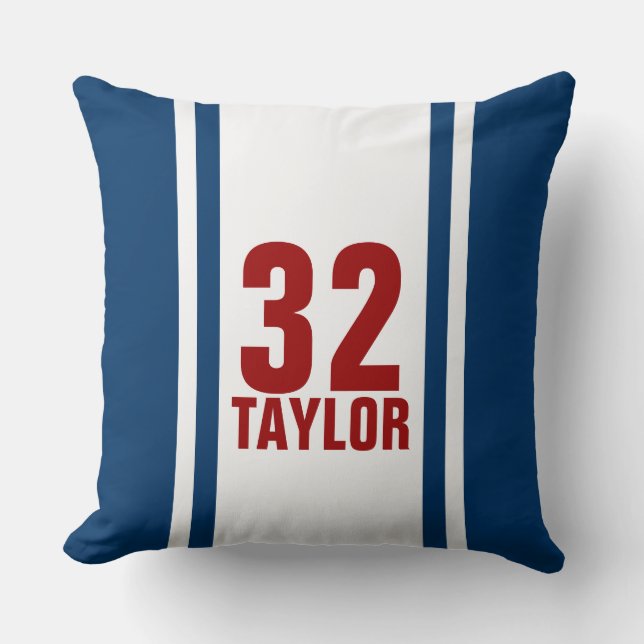 Blue & White Striped Sports Jersey Throw Pillow (Front)