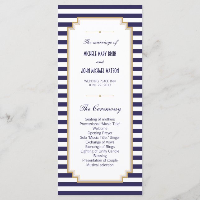 Blue White Striped Wedding Program Rack Cards (Front)
