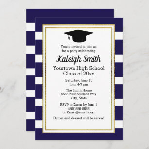 Blue White Striped with Graduation Cap Party Invitation