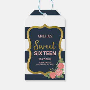 Blue & White Stripes, Blush Pink Roses Sweet 16 Gift Tags