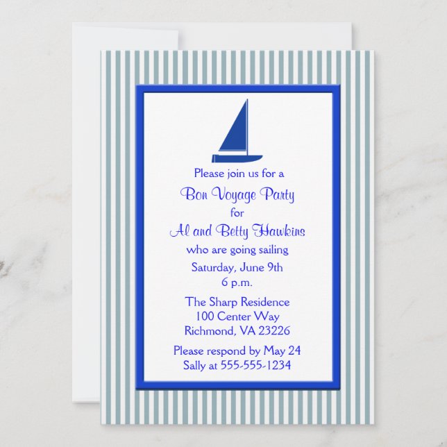 Blue White Stripes Boat Bon Voyage Party Invitation (Front)