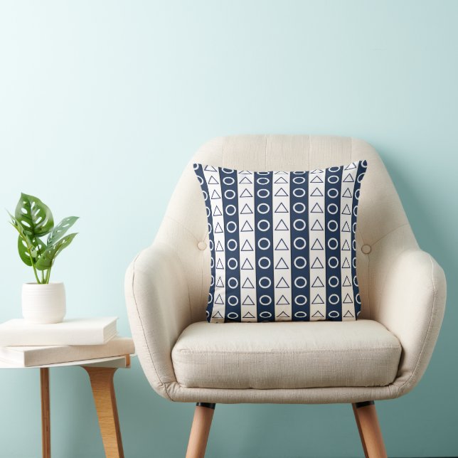 Blue White Stripes Circle Triangle Pattern Cushion (Chair)