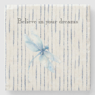 Blue White Stripes Dragonfly Believe Stone Coaster