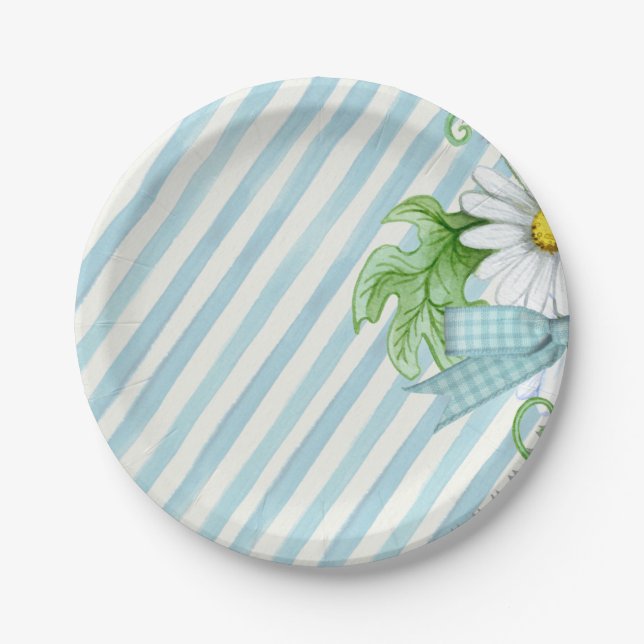 Blue & White Stripes Floral Paper Plate (Front)