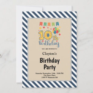 Blue/White Stripes Framed 10th Birthday Party Invitation