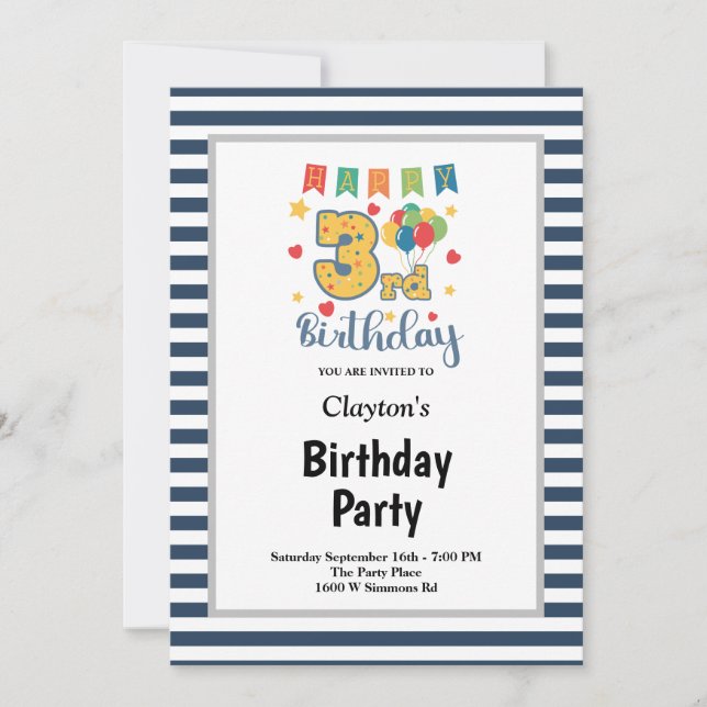 Blue/White Stripes Framed 3rd Birthday Party Invitation (Front)
