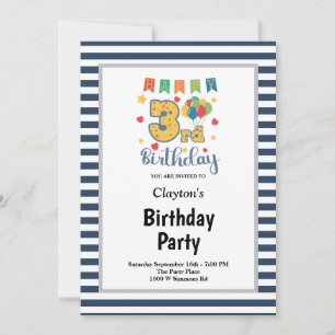 Blue/White Stripes Framed 3rd Birthday Party Invitation