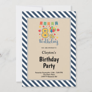 Blue/White Stripes Framed 8th Birthday Party Invitation