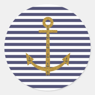 Blue White Stripes Gold Anchor Glitter Print Classic Round Sticker