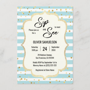 Blue White Stripes Gold Black BABY SIP and SEE Invitation
