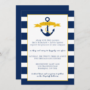 Blue White Stripes Gold Details Nautical Wedding   Invitation