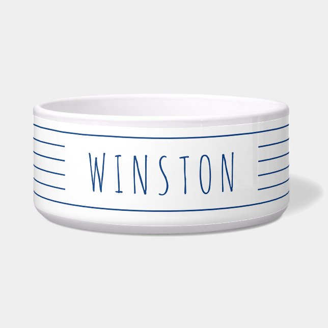 Blue White Stripes Modern Farmhouse Cat Dog Bowl (Front)
