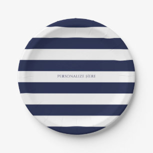Blue & White Stripes Modern Striped Personalised Paper Plate