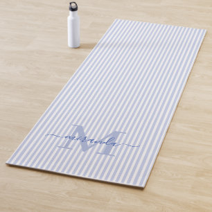 Blue & White Stripes Monogram Name Yoga Mat