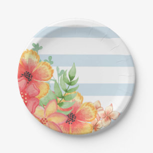 Blue & White Stripes Pink Floral Paper Plate