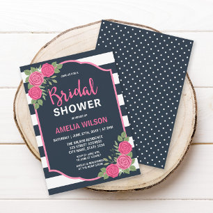 Blue White Stripes Pink Roses Bridal Shower Invitation
