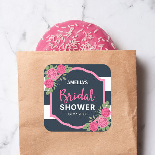 Blue White Stripes Pink Roses Bridal Shower Square Sticker