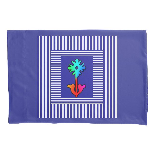 Blue White Stripes Rainbow Flower  Centre Pillowcase (Front)