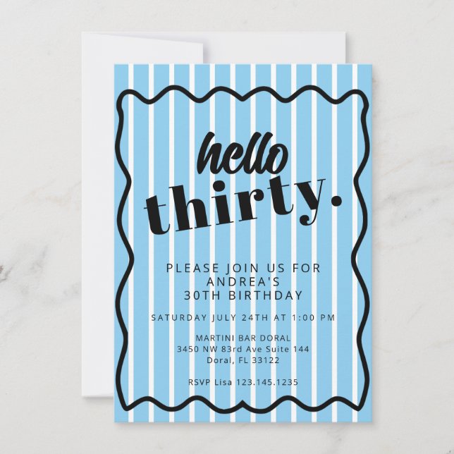 Blue White Stripes Thirty 30th Birthday Invitation (Front)
