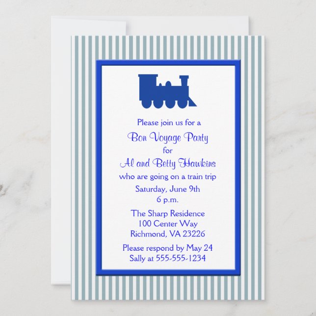 Blue White Stripes Train Bon Voyage Party Invitation (Front)