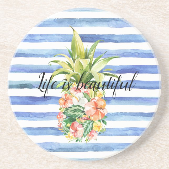 Blue White Stripes Tropical Floral Pineapple Coaster (Front)