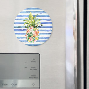 Blue White Stripes Tropical Floral Pineapple Magnet