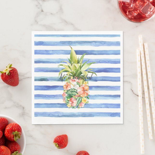 Blue White Stripes Tropical Floral Pineapple Napkin (Insitu)