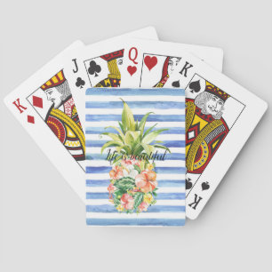 Blue White Stripes Tropical Floral Pineapple Playing Cards
