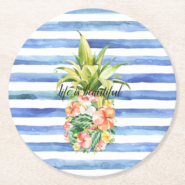 Blue White Stripes Tropical Floral Pineapple Round Paper Coaster (Front)
