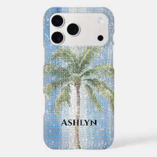 Blue White Stripes Tropical Palm Tree Sparkle