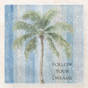 Blue White Stripes Tropical Palm Tree Sparkle Glass Coaster