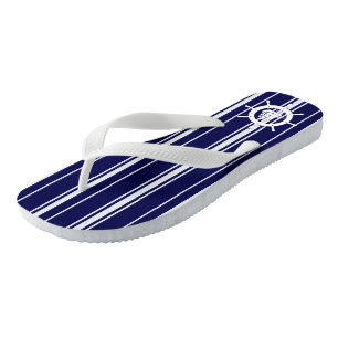 Blue & White Stripes With Nautical Boat Wheel 2 Thongs