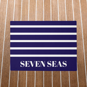 Blue white stripes yacht name doormat