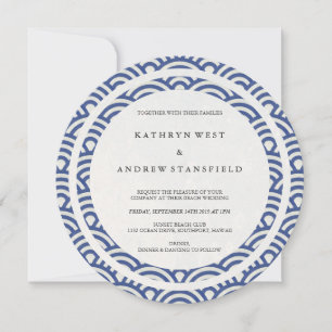 Blue + White Stylised Waves Elegant Beach Wedding Invitation