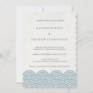 Blue + White Stylised Waves Elegant Beach Wedding Invitation
