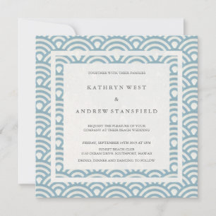 Blue + White Stylised Waves Elegant Beach Wedding Invitation