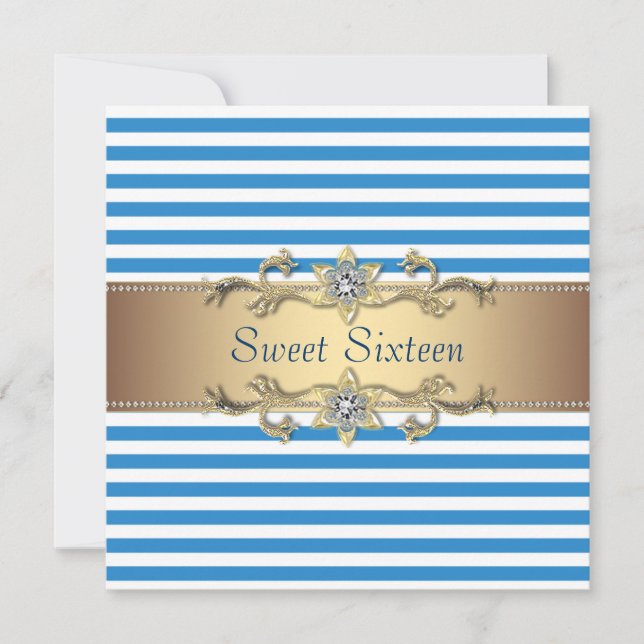 Blue White Summer Stripe Sweet Sixteen Party Invitation (Front)
