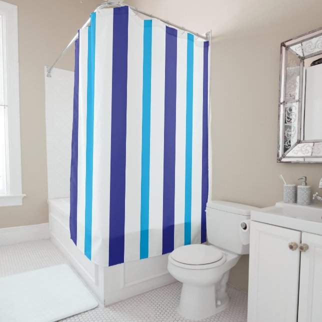 Blue White Summer Stripes Shower Curtain (In Situ)