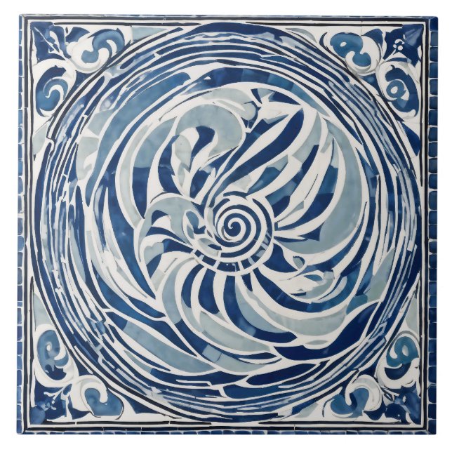 Blue White Swirl Pattern 02 Ceramic Tile (Front)