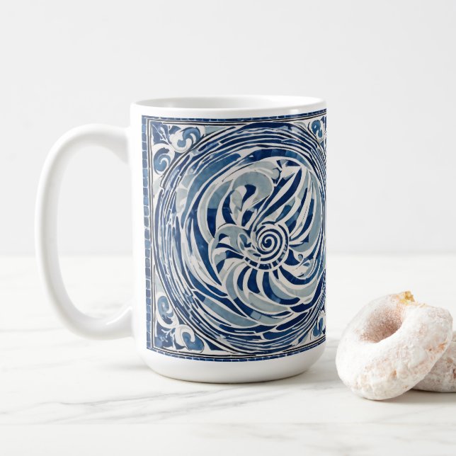 Blue White Swirl Pattern 02 Coffee Mug (With Donut)