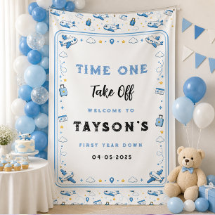 Blue White Take Off Aeroplane Boy 1st Birthday Banner