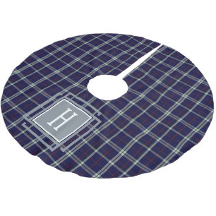 Blue white Tartan Monogram  Brushed Polyester Tree Skirt