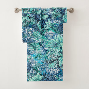 Blue White Teal Garden Flowers Pattern Bath Towel Set